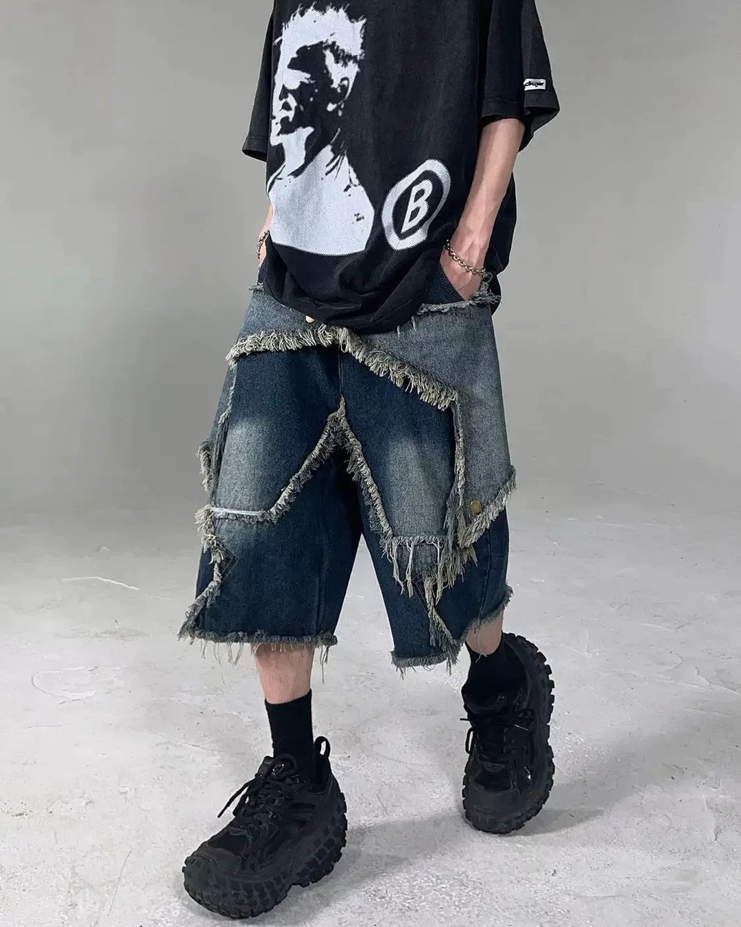 Close-up detail of Deconstructed Asymmetric Denim Shorts