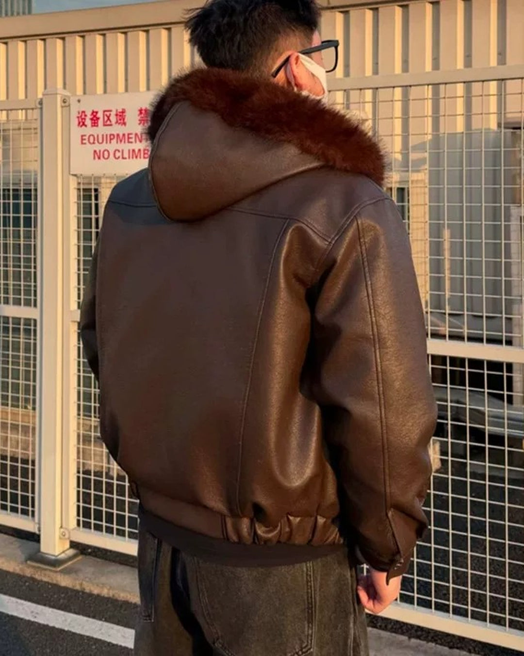 Additional product image of Cropped Shearling Collar Washed Faux Leather Bomber Jacket
