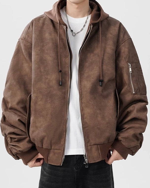 Additional product image of Washed Distressed Faux Leather Oversized Bomber Jacket