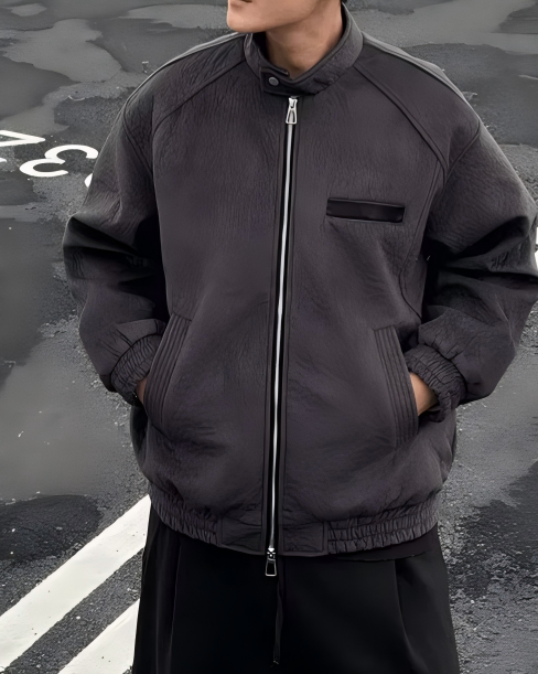 STEP BLOCK ST012 Washed Ribbed Collar Minimalist Bomber Jacket