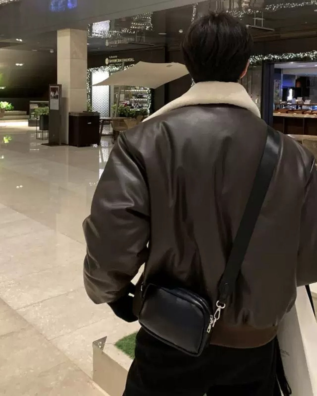 Front view of Shearling Collar Leather Bomber Jacket