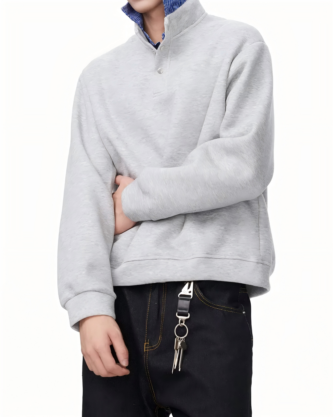 STEP BLOCK ST010 Faux Layered Denim Collar Half-Zip Sweater