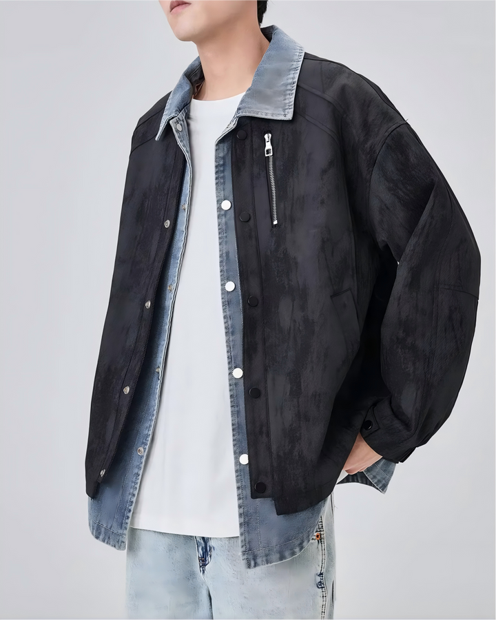 STEP BLOCK ST001 Denim Collar Washed Workwear Zip-Up Jacket