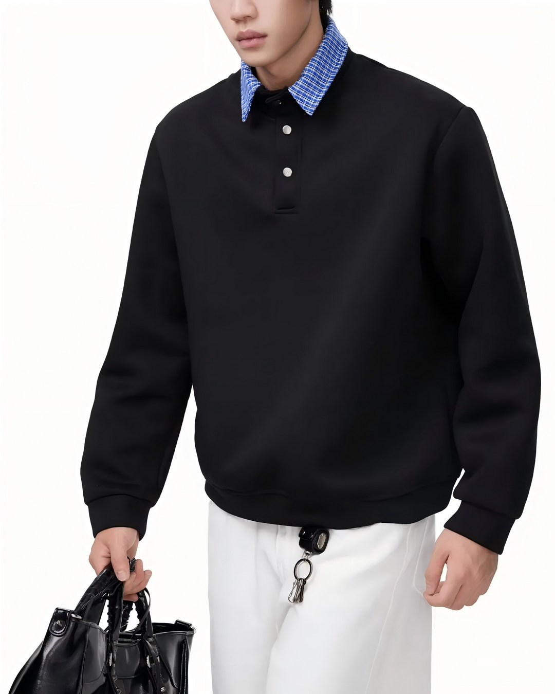 STEP BLOCK ST010 Faux Layered Denim Collar Half-Zip Sweater