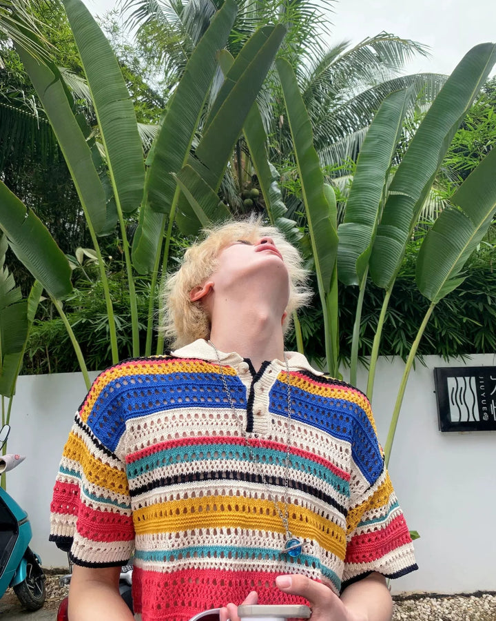 Close-up detail of Colorful Striped Knit Oversized T-Shirt