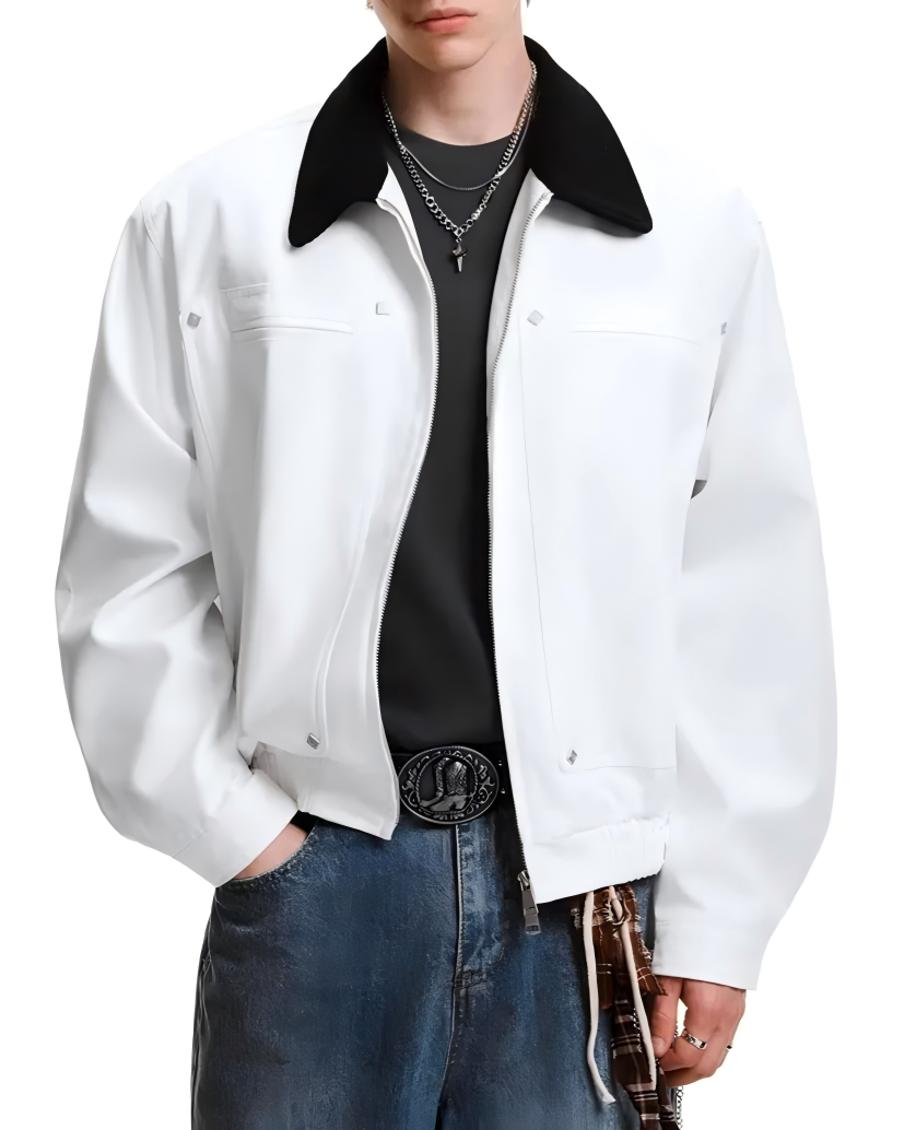 STEP BLOCK ST056 Contrast Shearling Collar Washed Workwear Jacket
