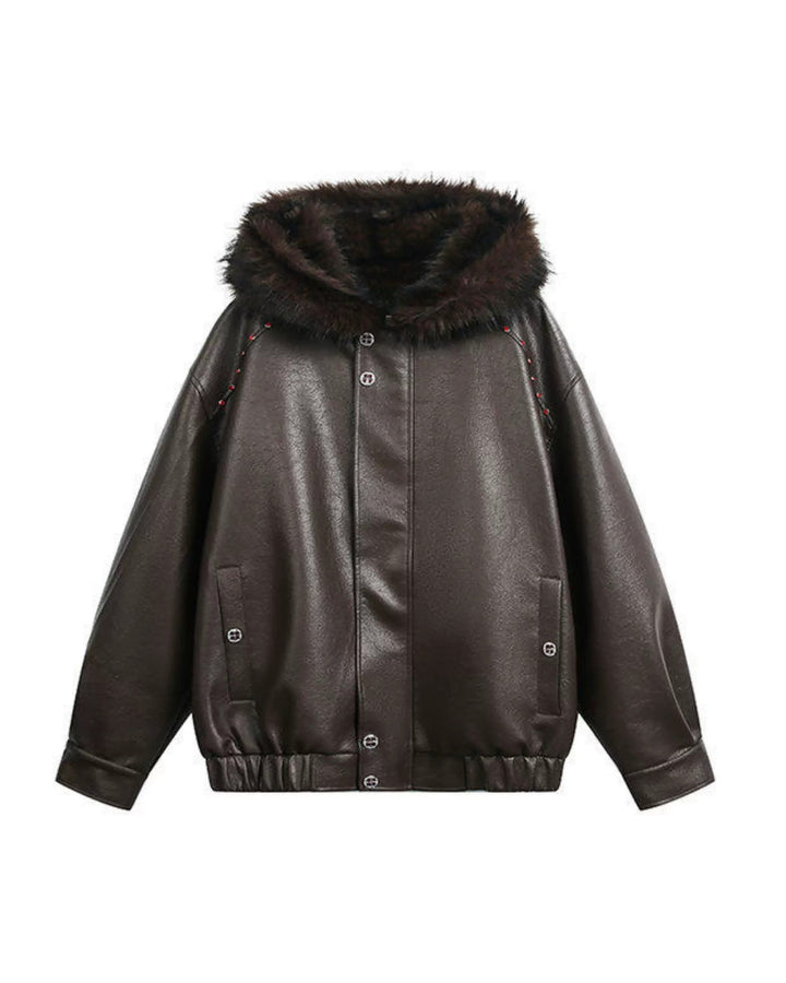 Additional product image of Cropped Shearling Collar Washed Faux Leather Bomber Jacket