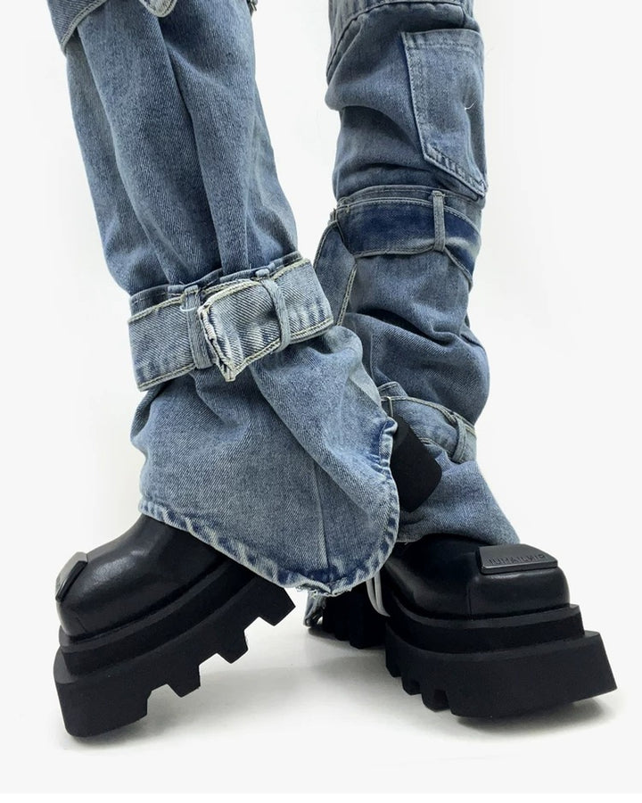 Additional product image of Black Leather Square-Toe Chunky Platform Shoes