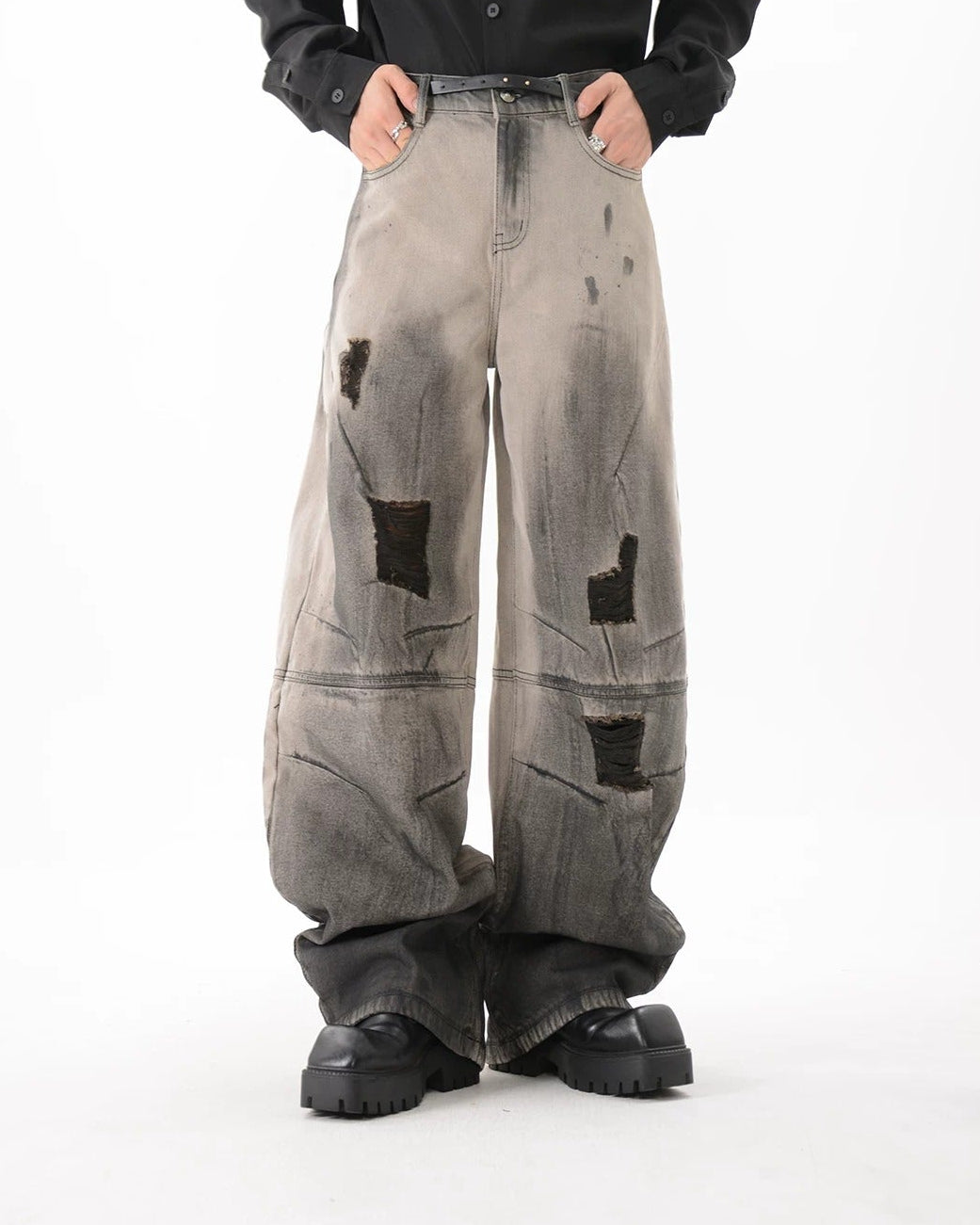 Additional product image of Black Patch Distressed Baggy Jeans