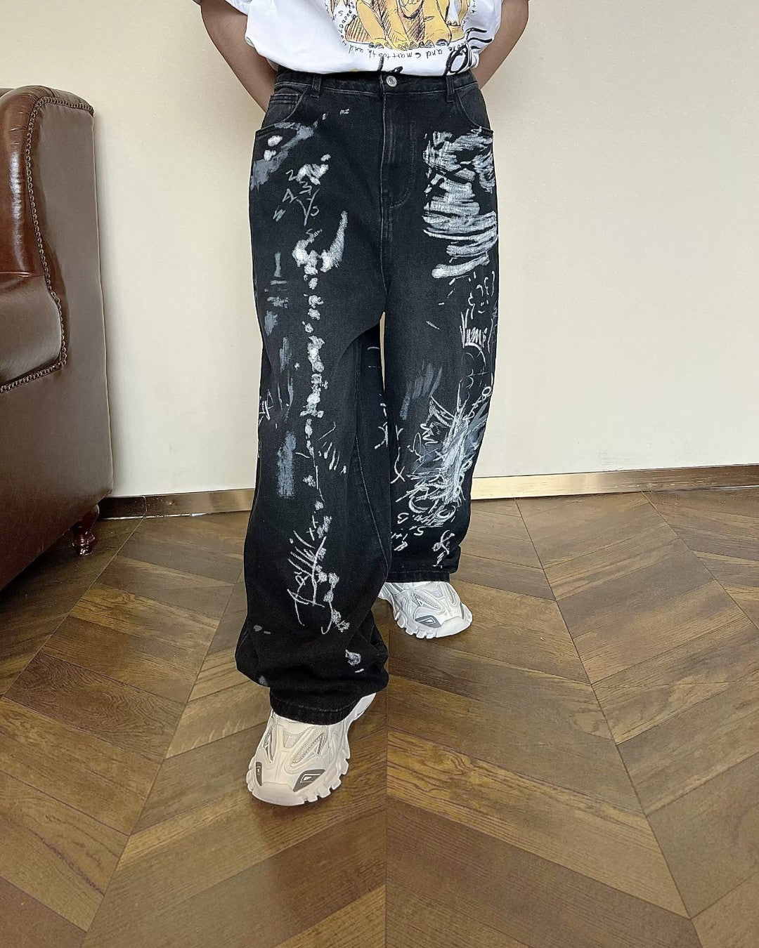Side view of Graffiti Print Wide Leg Pants