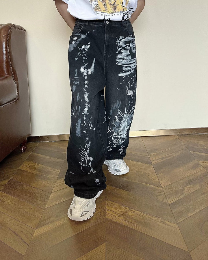 Side view of Graffiti Print Wide Leg Pants