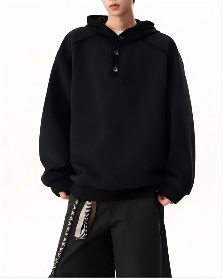 STEP BLOCK ST054 Minimalist Henley Neck Oversized Pullover Hoodie