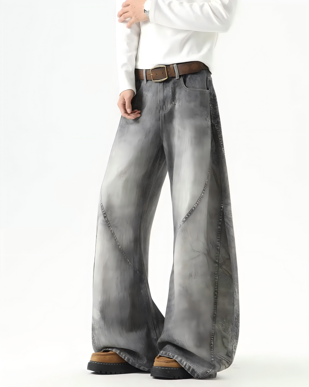 STEP BLOCK MT053 vintage washed grey baggy flare jeans