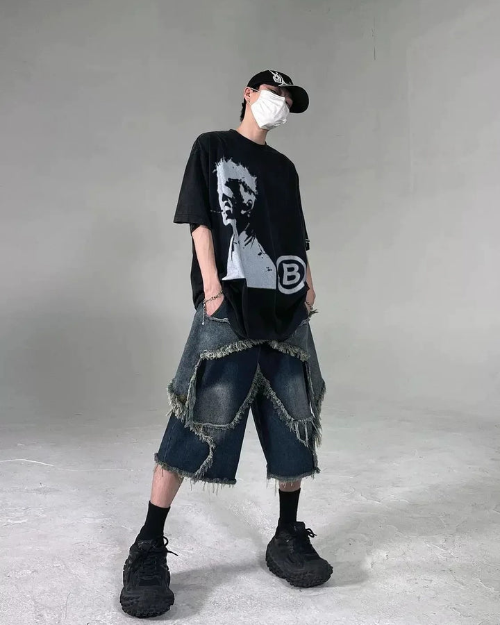 Side view of Deconstructed Asymmetric Denim Shorts