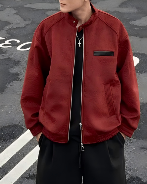 STEP BLOCK ST012 Washed Ribbed Collar Minimalist Bomber Jacket