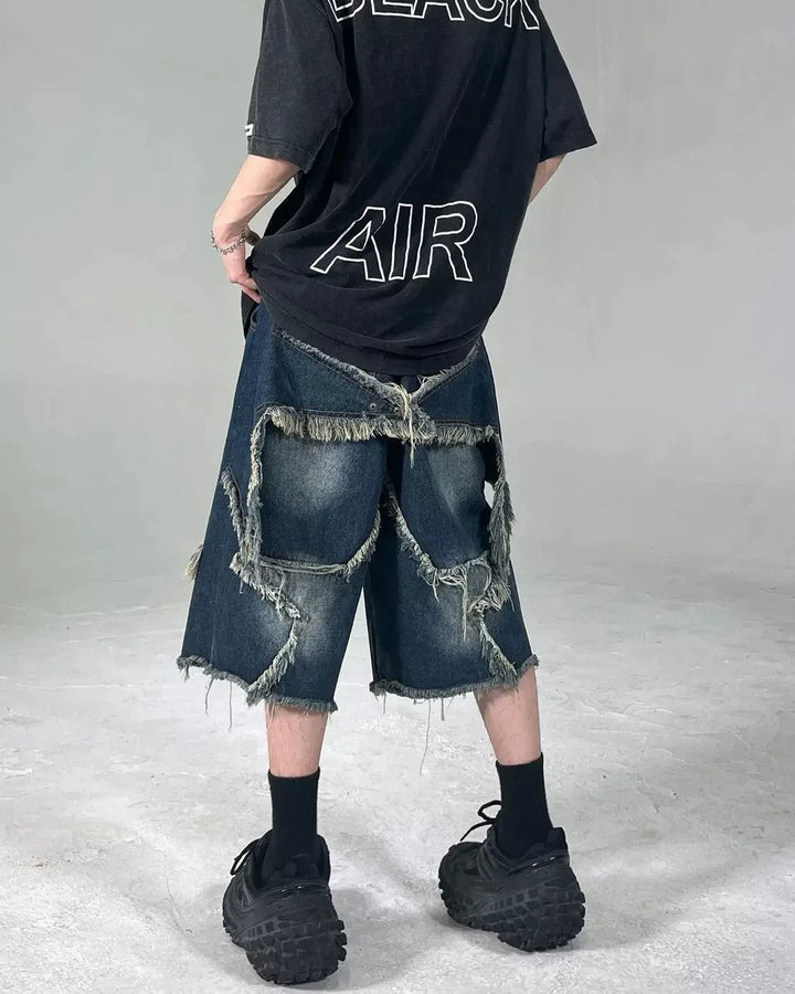 Back view of Deconstructed Asymmetric Denim Shorts