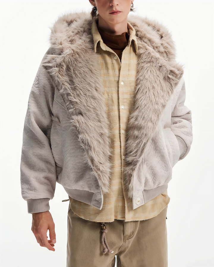 STEP BLOCK ST051 Oversized Shearling Lined Washed Denim Hooded Jacket