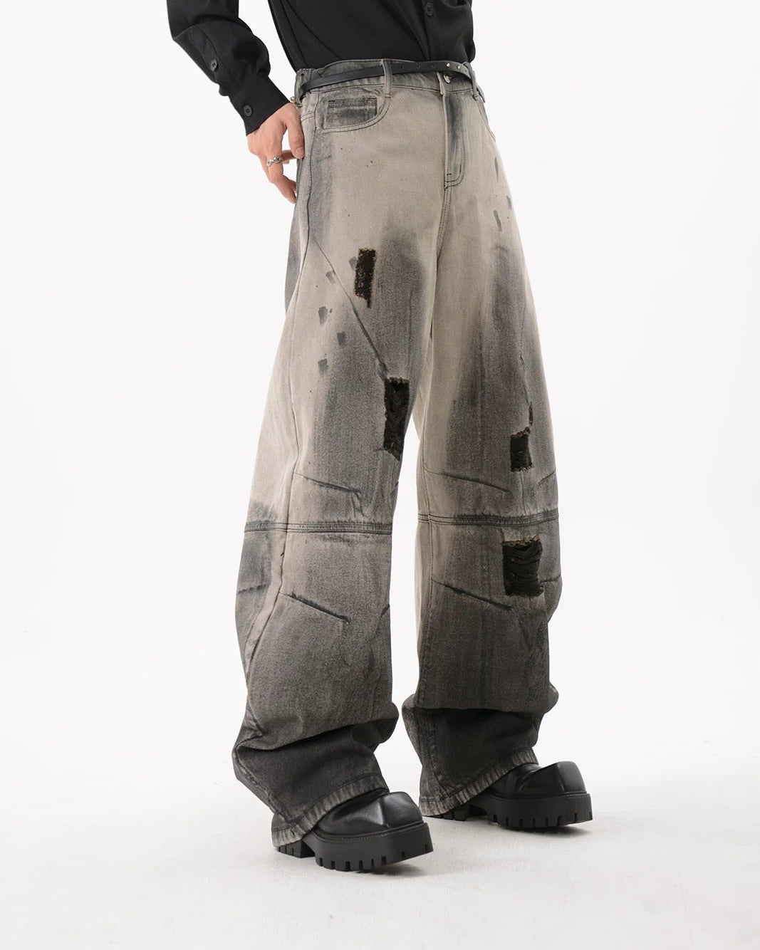 Front view of Black Patch Distressed Baggy Jeans