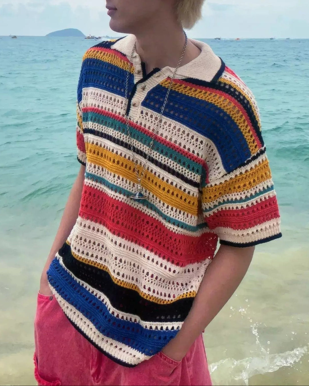 Side view of Colorful Striped Knit Oversized T-Shirt