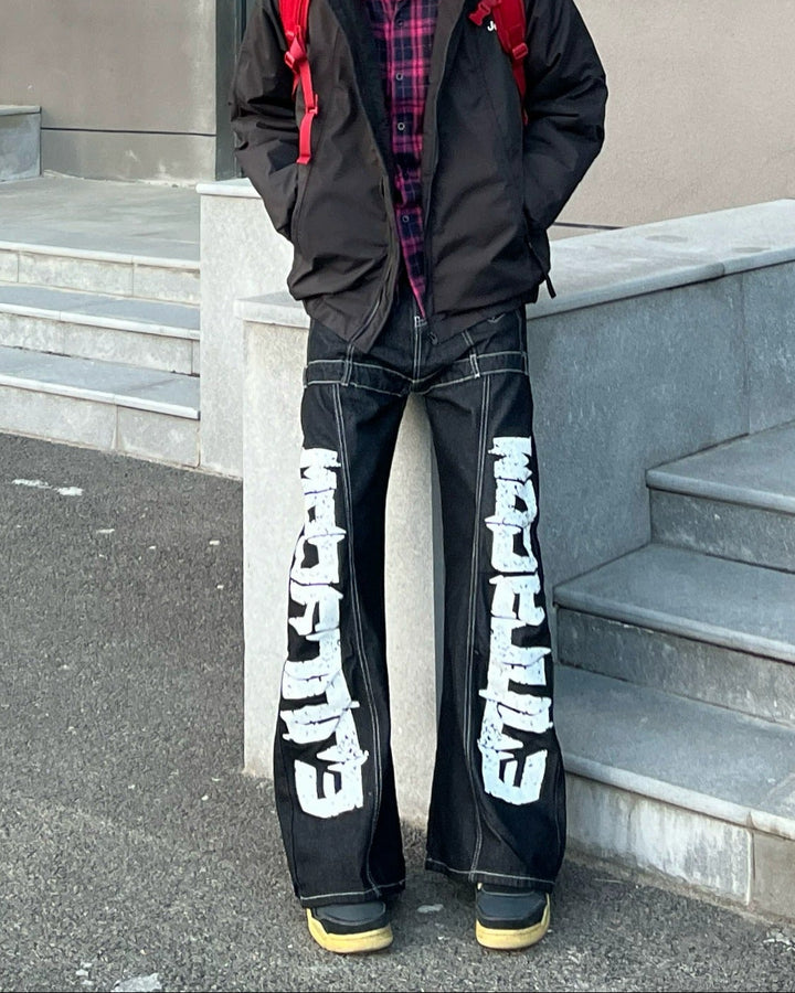 Side Text Embroidered Baggy Jeans