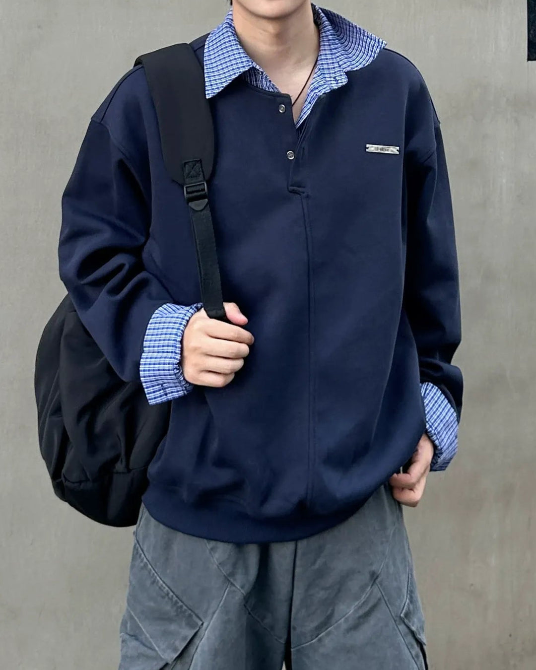 Front view of Layered Collar Polo Sweatshirt