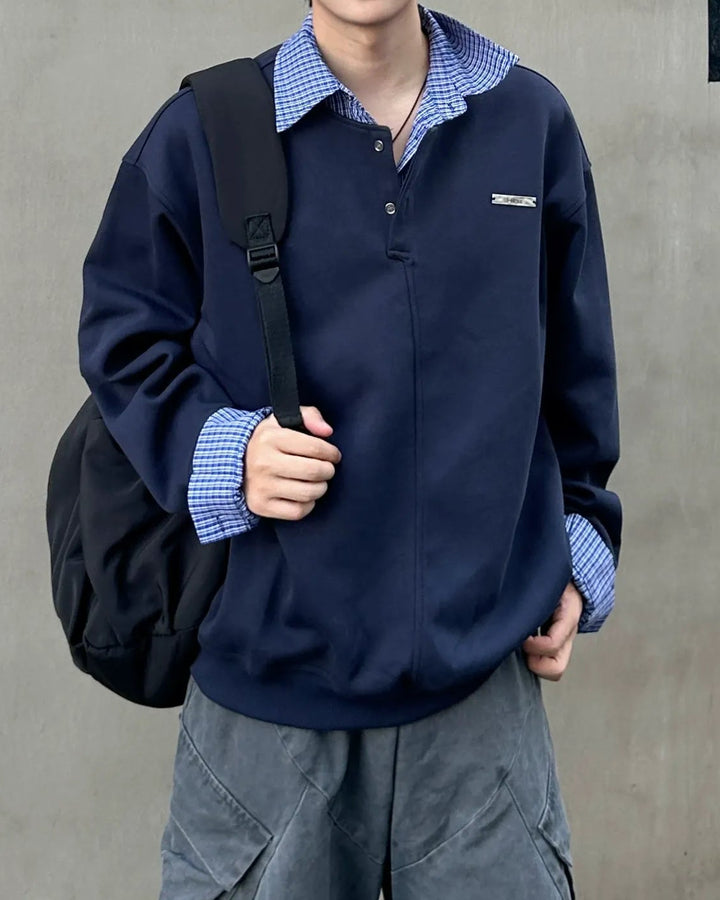 Front view of Layered Collar Polo Sweatshirt