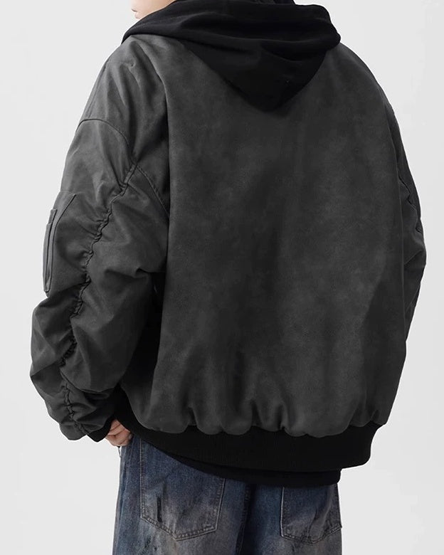 Back view of Washed Distressed Faux Leather Oversized Bomber Jacket