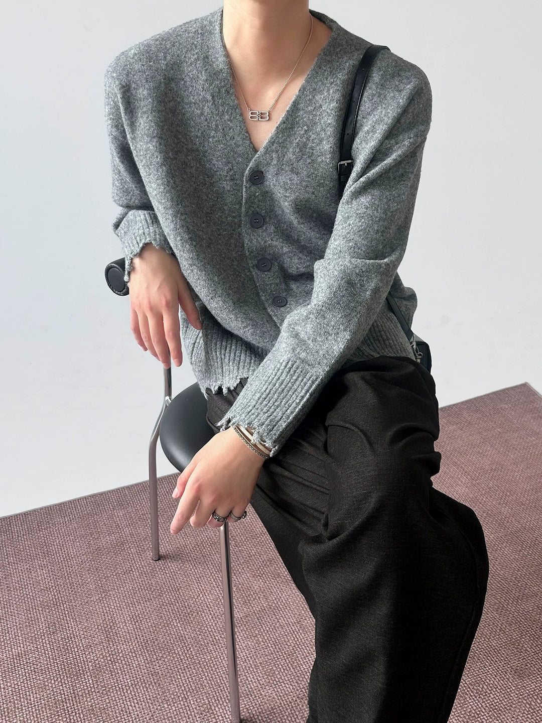 Front view of Distressed V-Neck Knit Cardigan