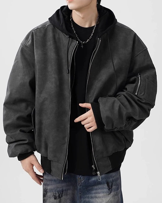 Lifestyle styling view of Washed Distressed Faux Leather Oversized Bomber Jacket