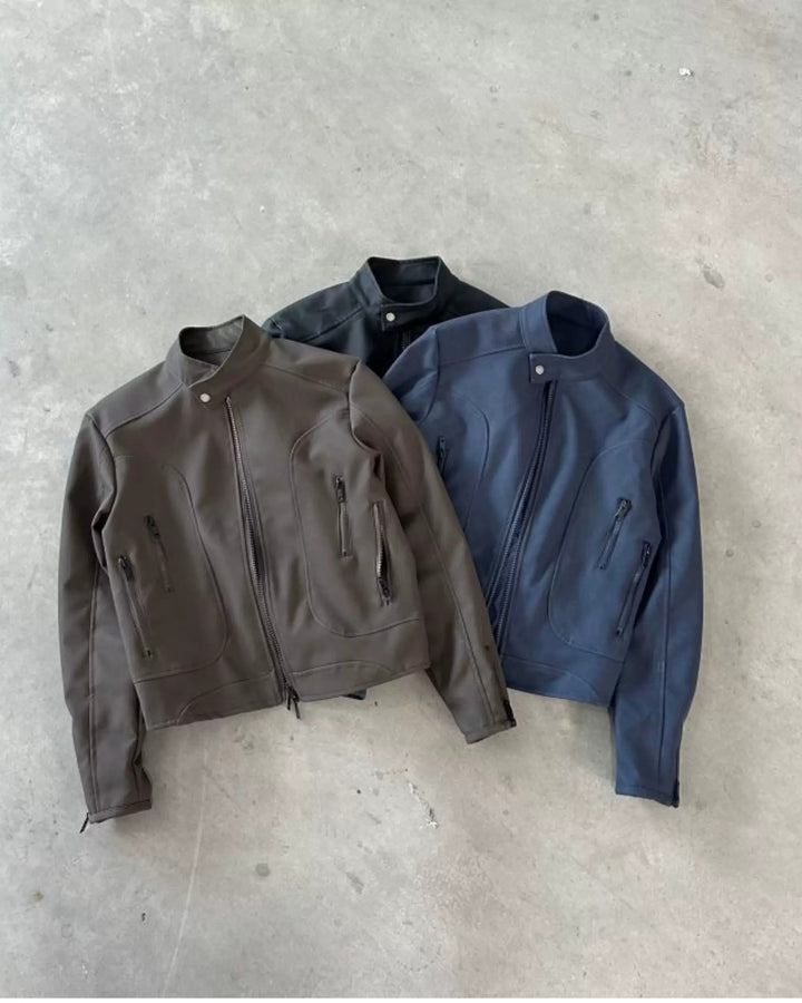 Lifestyle styling view of Minimalist Stand Collar Washed Zip-Up Harrington Jacket
