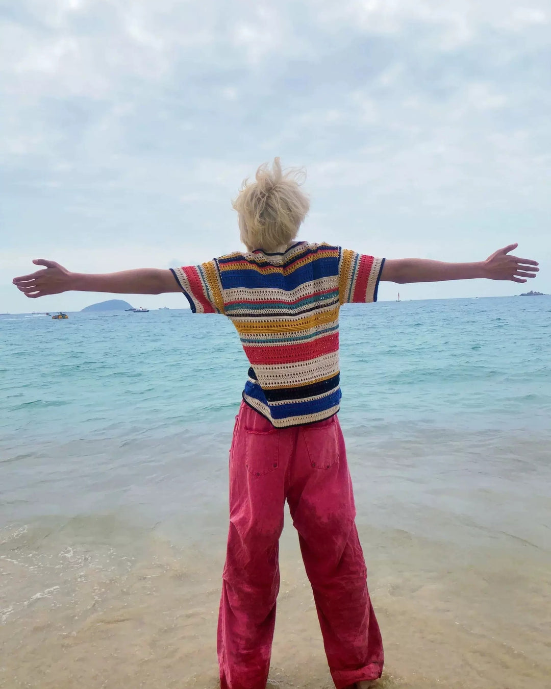 Back view of Colorful Striped Knit Oversized T-Shirt