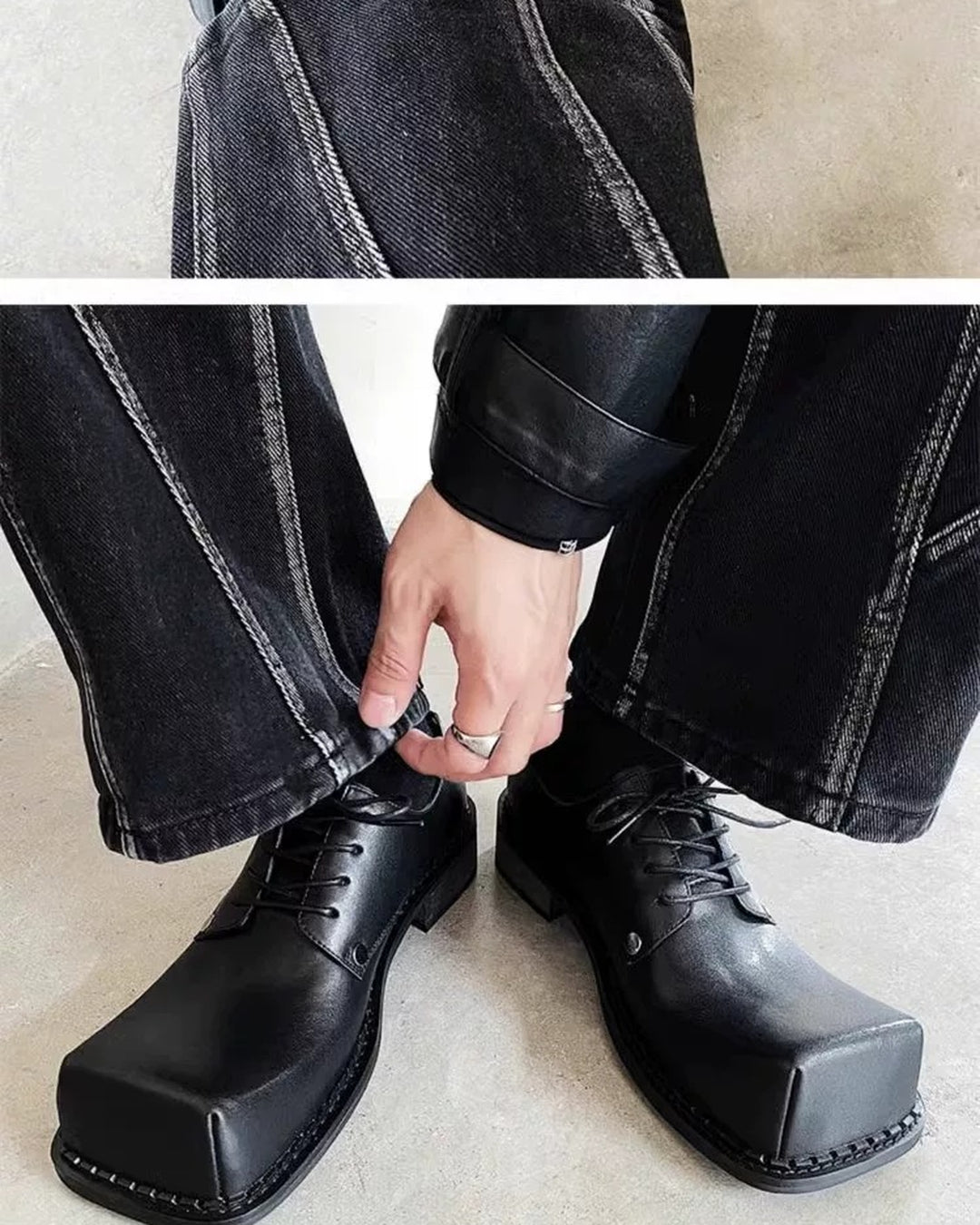 Additional product image of Black Leather Gothic Square-Toe Chunky Heel Shoes