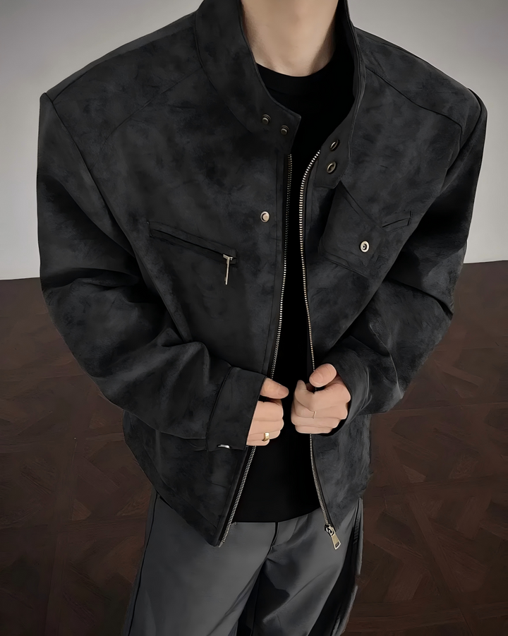 STEP BLOCK ST058 Washed Distressed Minimalist Stand Collar Workwear Jacket