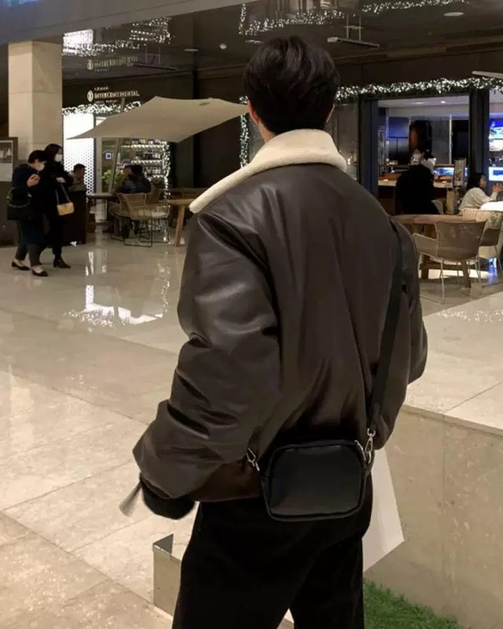 Side view of Shearling Collar Leather Bomber Jacket