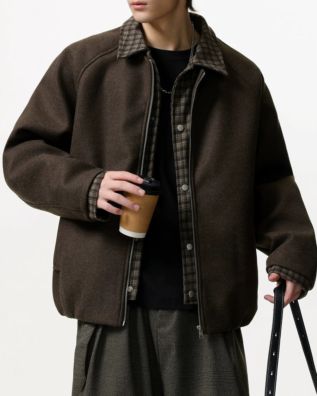 Lifestyle styling view of Plaid Contrast Lined Stand Collar Oversized Workwear Jacket