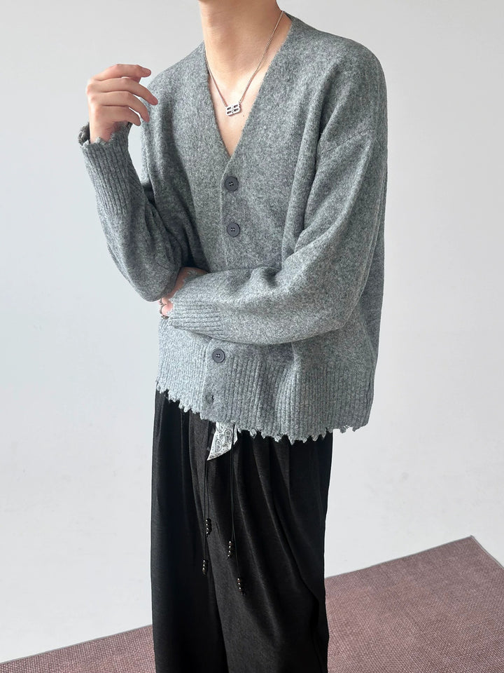 Side view of Distressed V-Neck Knit Cardigan