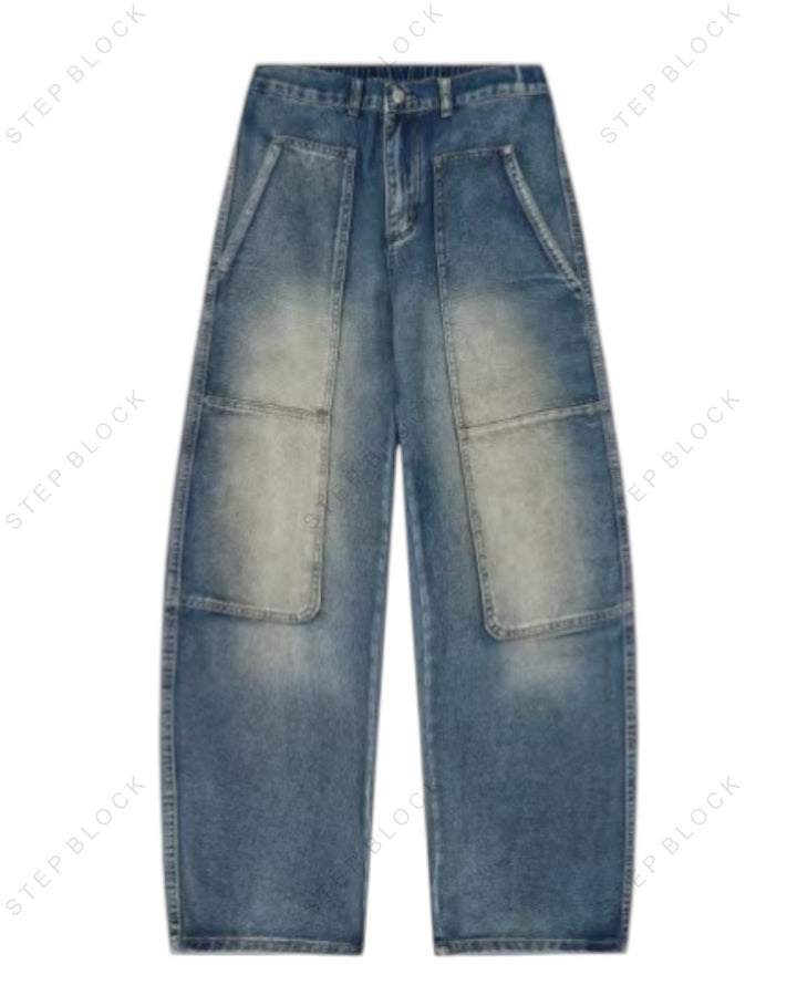 STEP BLOCK MT033 vintage washed black and blue baggy jeans with panel detailing