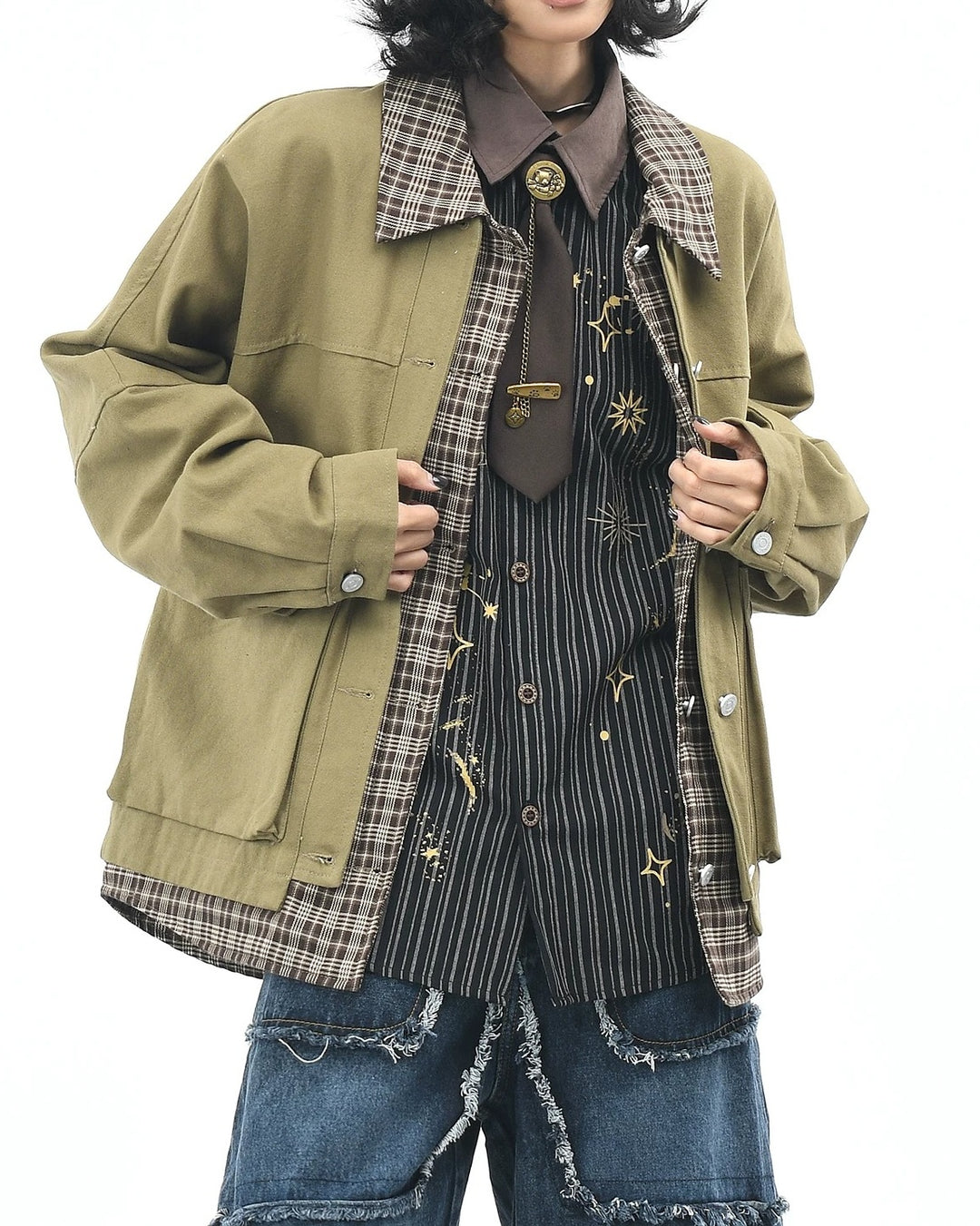 Additional product image of Plaid Contrast Collar Utility Pocket Workwear Jacket