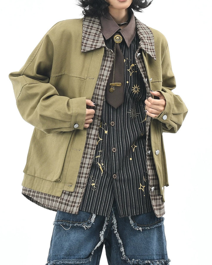Additional product image of Plaid Contrast Collar Utility Pocket Workwear Jacket