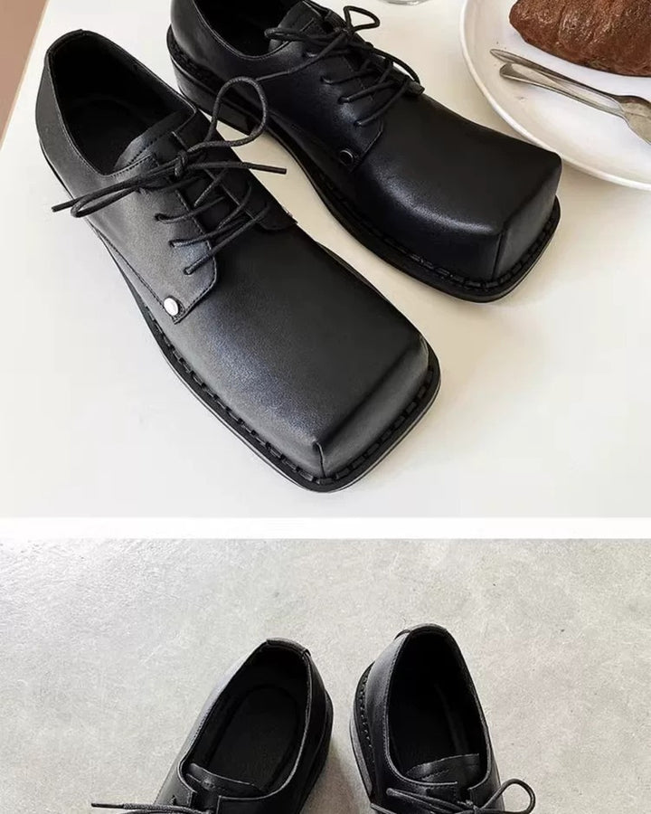 Additional product image of Black Leather Gothic Square-Toe Chunky Heel Shoes