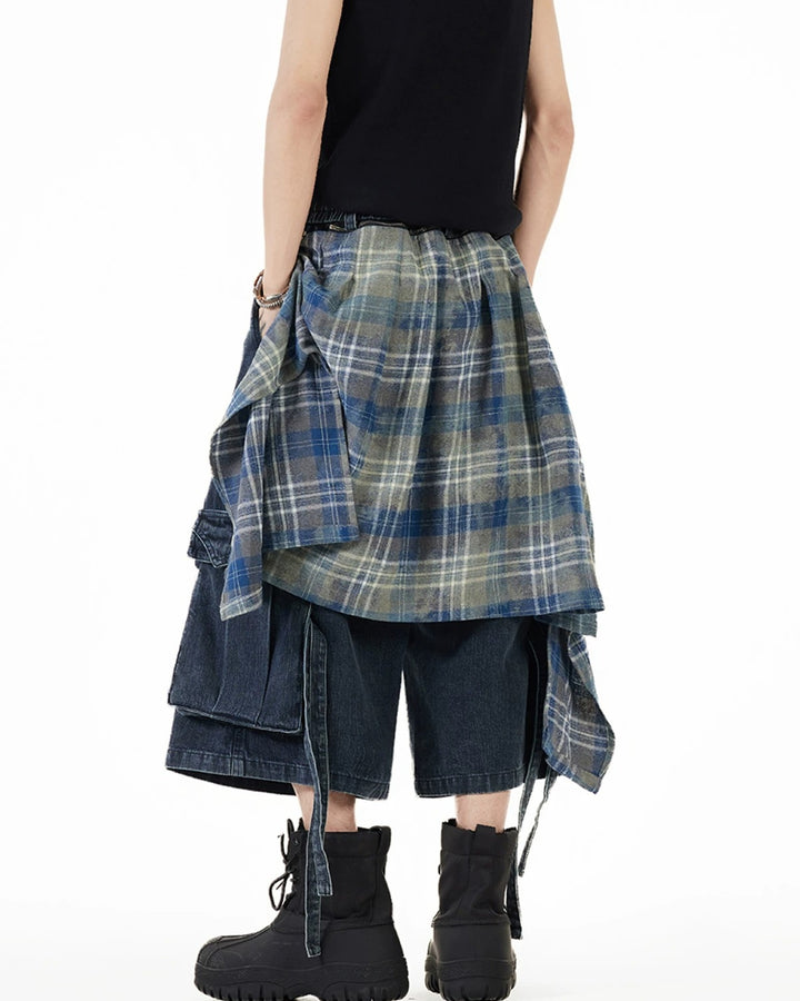 Additional product image of Denim Plaid Patchwork Cargo Shorts