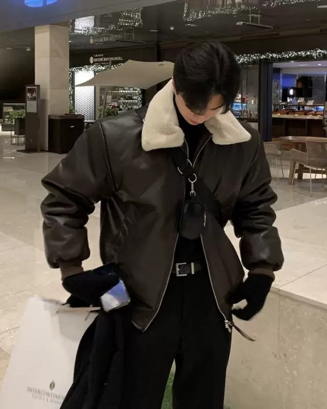 Back view of Shearling Collar Leather Bomber Jacket