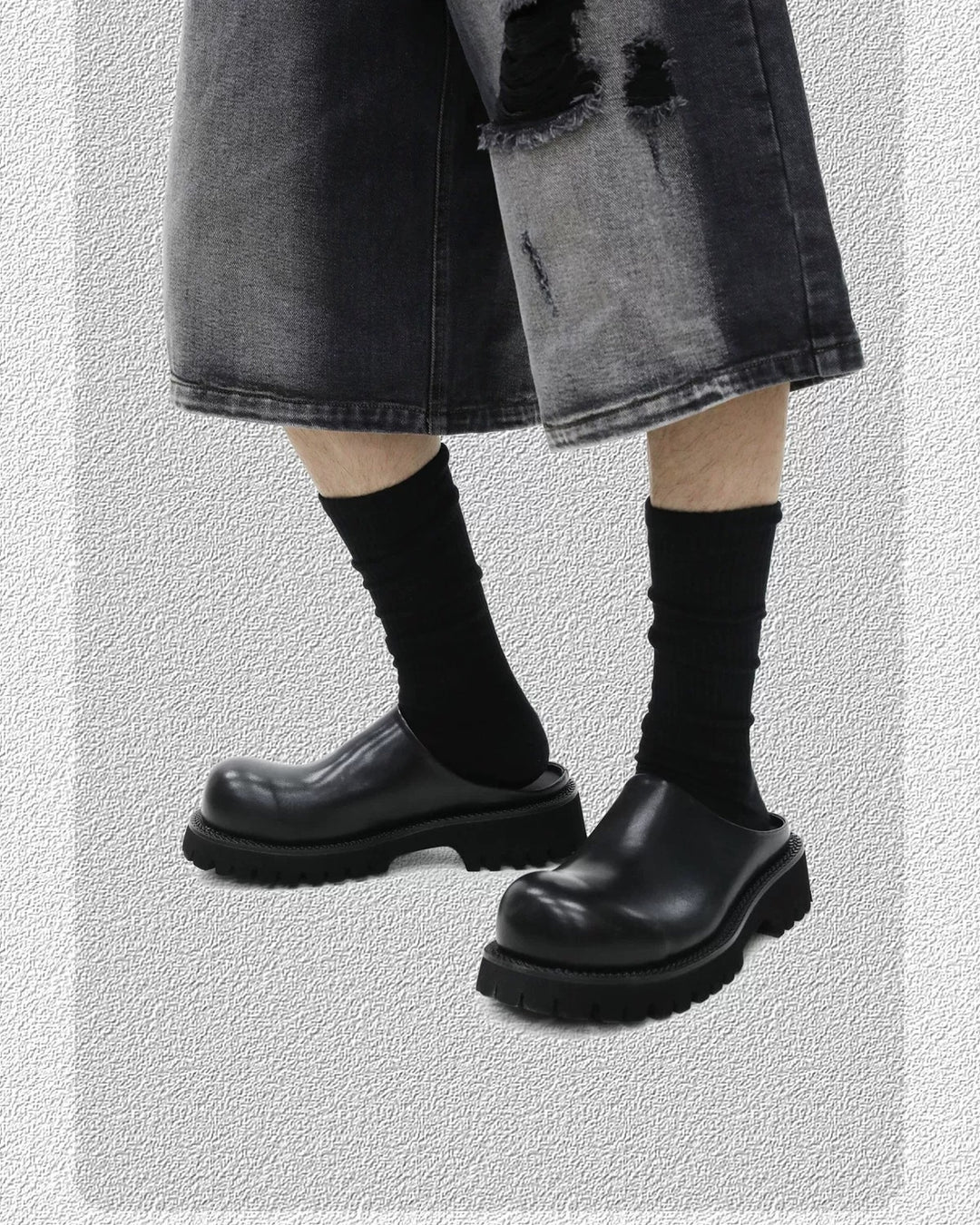 Front view of Black Leather Chunky Platform Slip-On Shoes