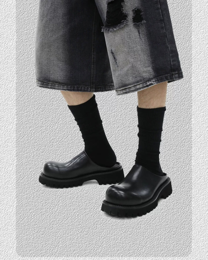 Front view of Black Leather Chunky Platform Slip-On Shoes