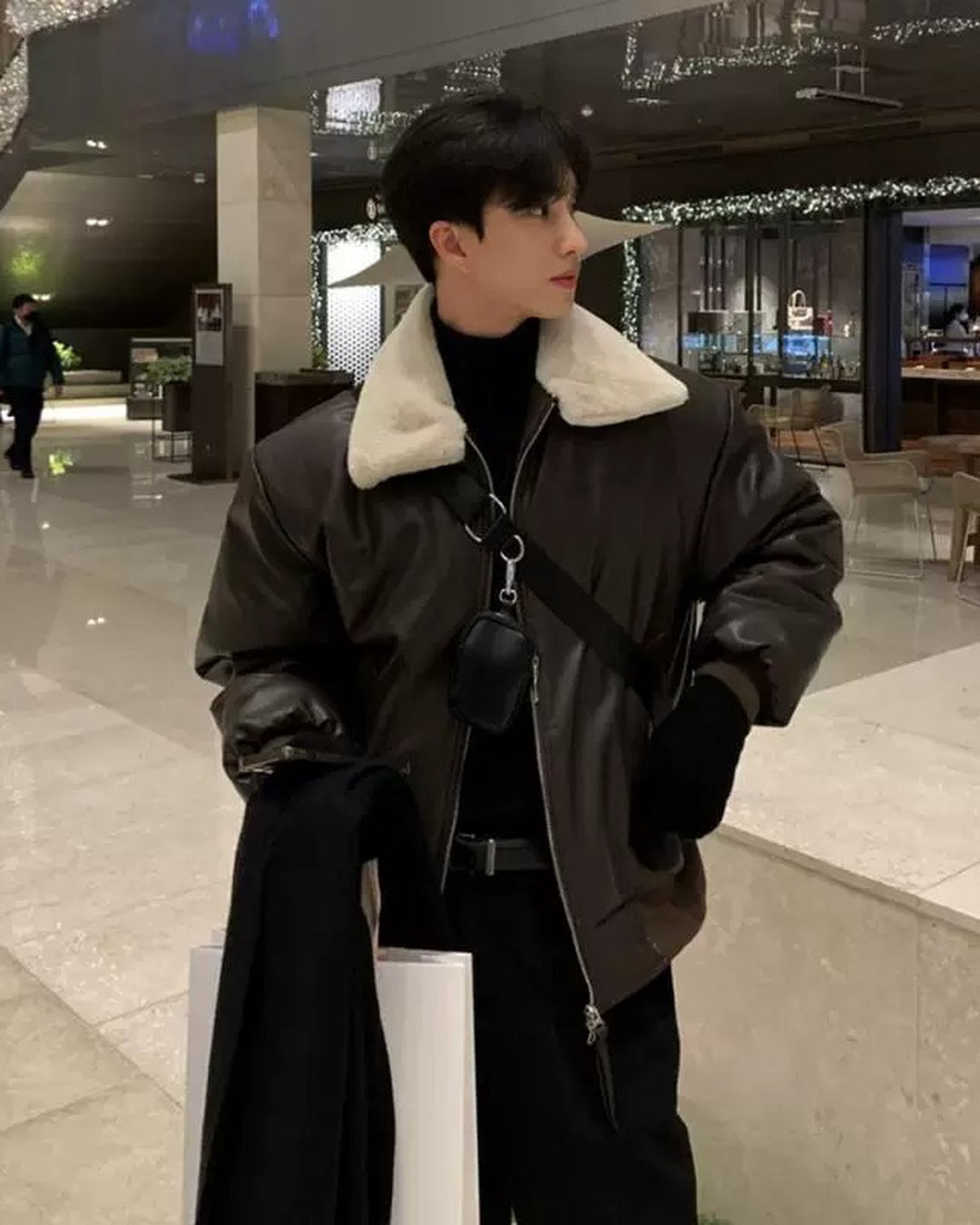 Lifestyle styling view of Shearling Collar Leather Bomber Jacket