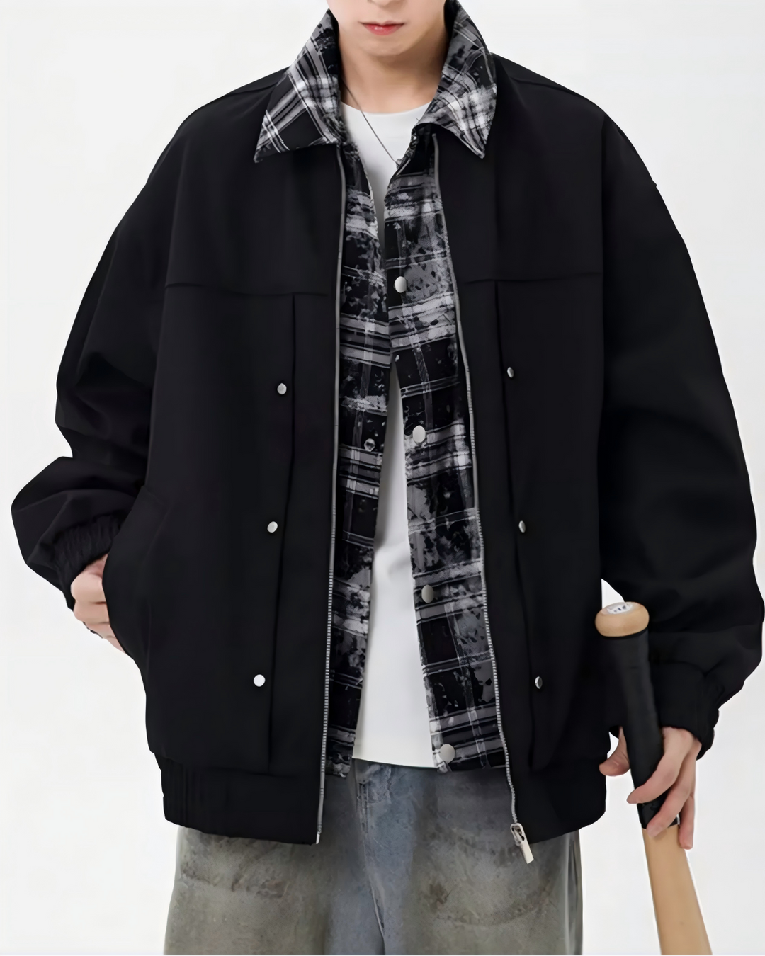 STEP BLOCK ST027 Plaid Lined Stand Collar Oversized Workwear Jacket