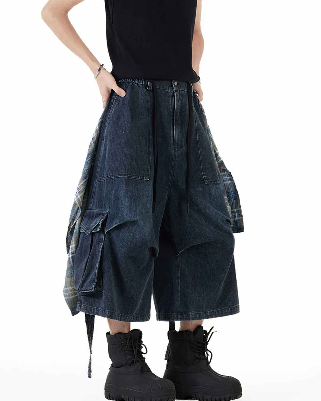 BRYNOR Denim Plaid Patchwork Cargo Shorts product photo