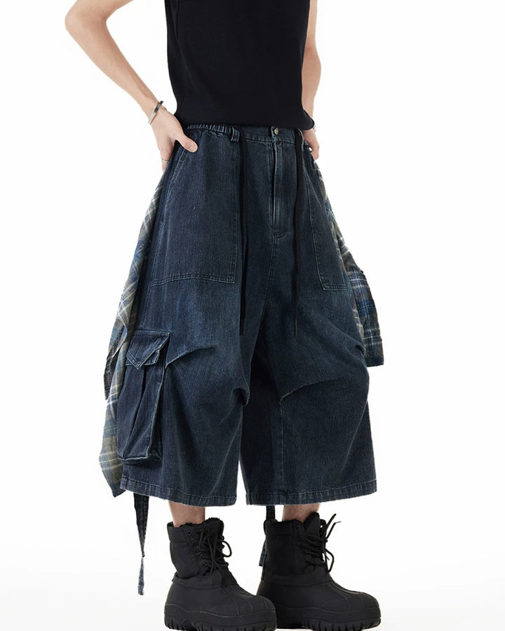 BRYNOR Denim Plaid Patchwork Cargo Shorts product photo