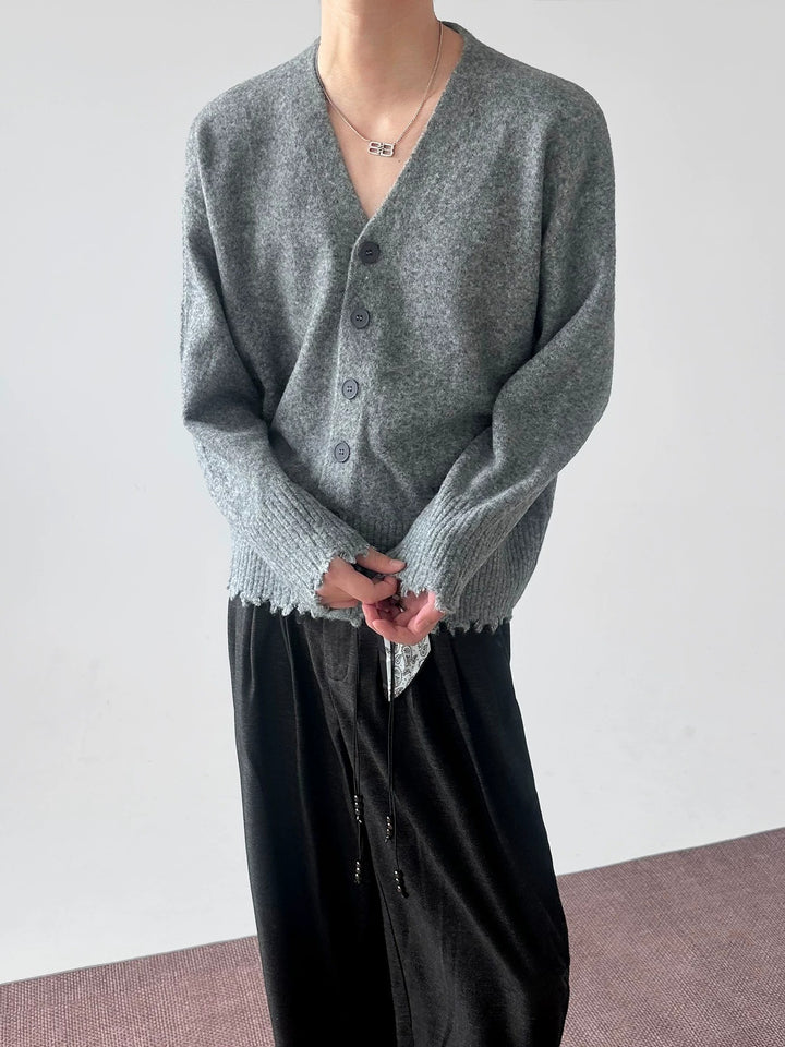Back view of Distressed V-Neck Knit Cardigan