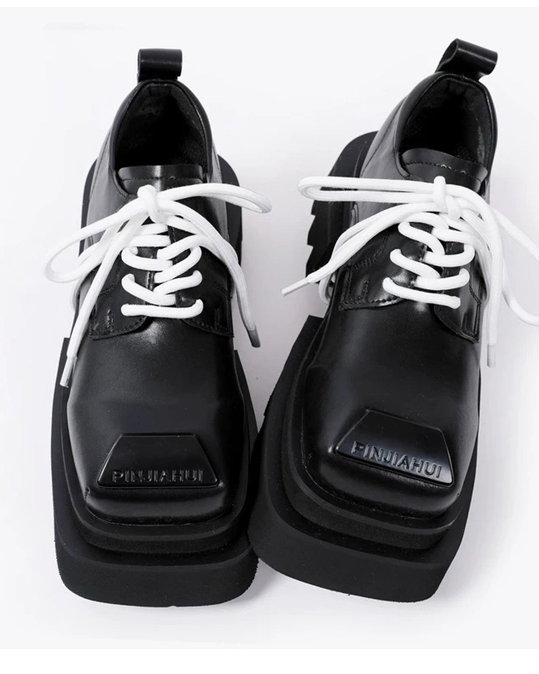 Front view of Black Leather Square-Toe Chunky Platform Shoes